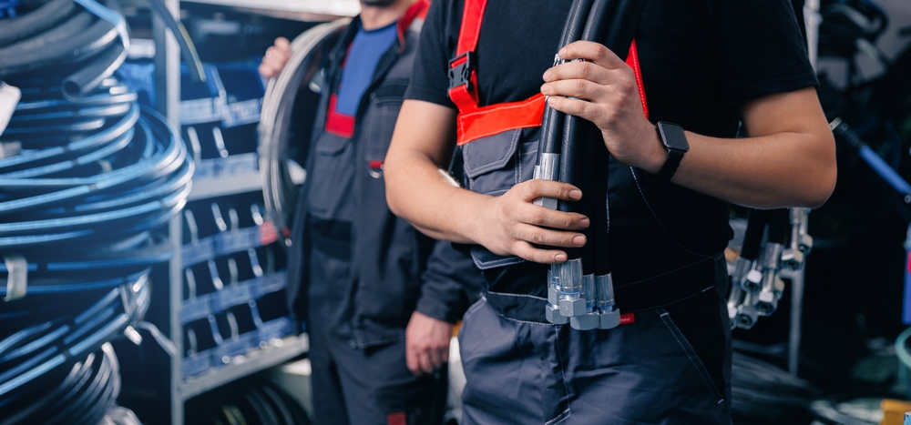 two male workers with hydraulic vs pneumatic systems