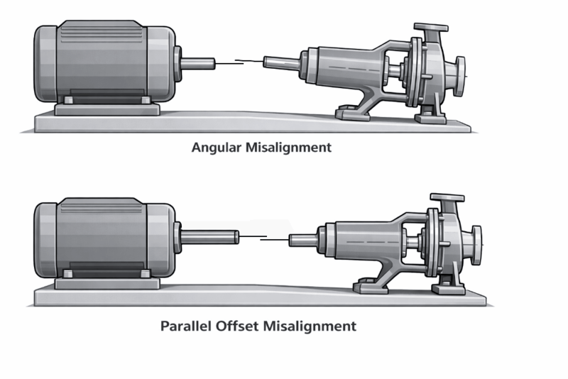 Shaft misalignment diagram that shows two kinds of coupling misalignment, angular misalignment and parallel offset misalignment.