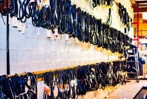 Various belt for power transmission hang on the wall, belt drives in stock